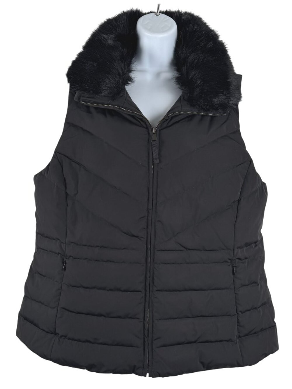Talbots Puffer Down Vest XL Black Faux Fur Zip Outdoor Quiet Luxury CJ-2393